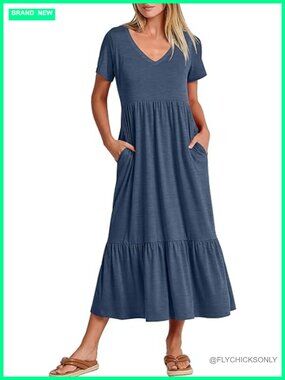 Short Sleeve V Neck Maxi Dress Flowy Tiered Beach Sundress